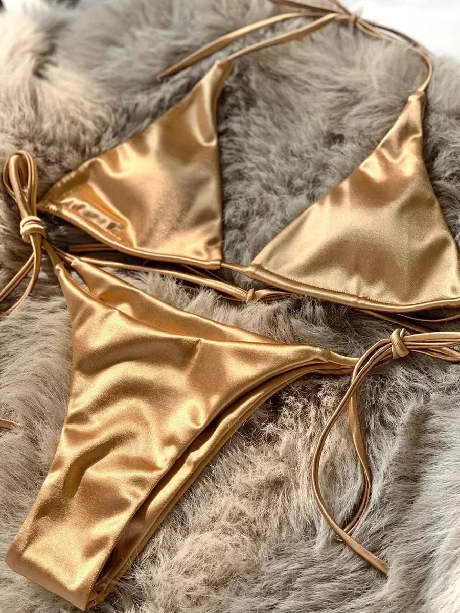 Metallic Satin Bikini Damen – Wrap Around Halter Zweiteiler